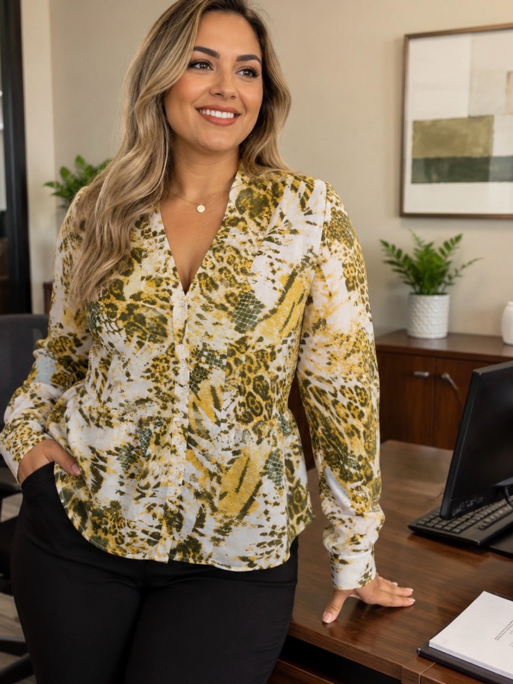 Women's V-Neck Printed Button Front Blouse - Olive & White